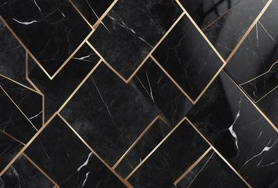 The primary subject of the image is a black and gold marble tile pattern. The setting is a black and gold marble tile wall, which serves as the background. The visual style is a close-up of the marble tile pattern, showcasing the intricate design. The colors and mood of the image are predominantly black and gold, giving it a luxurious and elegant appearance.
