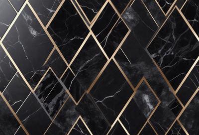 The primary subject of the image is a black and gold marble tile pattern. The setting is a black and gold marble tile wall, which serves as the background. The visual style is a close-up of the marble tile pattern, showcasing the intricate design. The colors and mood of the image are predominantly black and gold, giving it a luxurious and elegant appearance.
