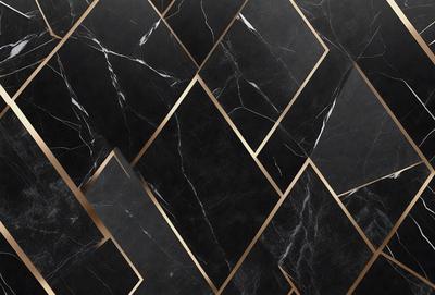 The primary subject of the image is a black and gold marble tile pattern. The setting is a black and gold marble tile wall, which serves as the background. The visual style is a close-up of the marble tile pattern, showcasing the intricate design. The colors and mood of the image are predominantly black and gold, giving it a luxurious and elegant appearance.