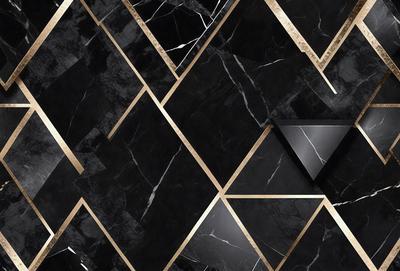 The primary subject of the image is a black and gold marble tile pattern. The setting is a black and gold marble tile wall, which serves as the background. The visual style is a close-up of the marble tile pattern, showcasing the intricate design. The colors and mood of the image are predominantly black and gold, giving it a luxurious and elegant appearance.