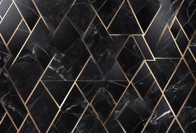 The primary subject of the image is a black and gold marble wallpaper with a geometric pattern. The setting is a black and gold marble wall, which serves as the background. The visual style is a close-up of the marble wallpaper, showcasing its intricate design. The colors and mood of the image are predominantly black and gold, giving it a luxurious and elegant appearance.
