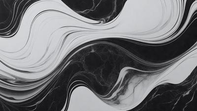 The primary subject of the image is a black and white artwork featuring a flowing, swirling pattern. The setting is a black background, which contrasts with the artwork, creating a striking visual effect. The visual style is a combination of digital art and illustration, giving the artwork a modern and contemporary feel. The colors and mood of the image are predominantly black and white, with a touch of gray, which adds a sense of depth and sophistication to the artwork.