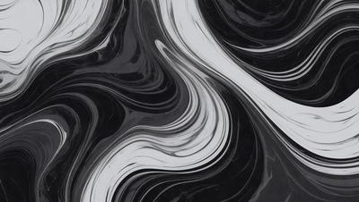 The primary subject of the image is a black and white painting of a swirling, abstract design. The setting is a black background, which contrasts with the swirling design. The visual style is a painting, which gives the image a more artistic and creative appearance. The dominant colors are black and white, creating a bold and striking contrast. The overall atmosphere of the image is dynamic and visually engaging.