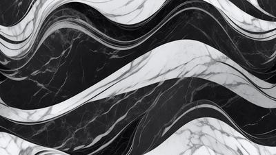The primary subject of the image is a marble countertop with a black and white pattern. The setting is a kitchen, and the visual style is a close-up of the countertop. The dominant colors are black and white, creating a classic and elegant atmosphere.