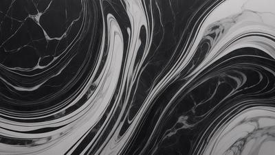 The primary subject of the image is a marble countertop with a black and white pattern. The setting is a kitchen, and the visual style is a close-up of the marble countertop. The colors and mood of the image are predominantly black and white, giving it a classic and elegant appearance.