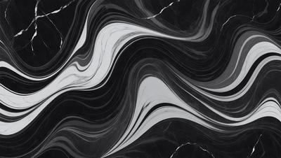 The primary subject of the image is a black and white marble pattern. The setting is a black marble surface, and the visual style appears to be a combination of a photo and a digital art or illustration. The dominant colors are black and white, creating a classic and elegant atmosphere.