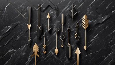 The primary subject of the image is a collection of gold arrows, which are displayed on a black marble surface. The setting is a stone wall, and the visual style appears to be a combination of digital art and illustration. The arrows are arranged in various orientations, creating a dynamic and visually appealing display. The overall atmosphere of the image is elegant and sophisticated, with the gold arrows and black marble surface evoking a sense of luxury and refinement.