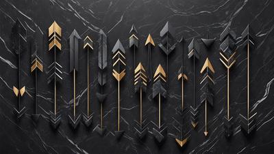 The primary subject of the image is a collection of arrows, which are displayed in various shapes and sizes. The setting is a black marble surface, which serves as the backdrop for the arrows. The visual style of the image is a combination of digital art and illustration, as the arrows are depicted in a detailed and artistic manner. The colors and mood of the image are predominantly black and gold, giving it a sleek and sophisticated appearance.