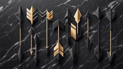 The primary subject of the image is a collection of gold and black arrows. The setting is a black and white marble surface, which serves as the backdrop for the arrows. The visual style is a combination of digital art and illustration, creating a striking and modern appearance. The colors and mood of the image are predominantly black and gold, giving it a sleek and sophisticated feel.