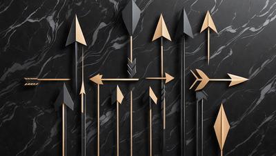 The primary subject of the image is a collection of arrows, which are displayed in various orientations and sizes. The arrows are arranged on a black marble surface, creating a visually striking pattern. The setting appears to be a modern, minimalist design, with the arrows being the main focus of the scene. The visual style of the image is a combination of digital art and illustration, with the arrows being the primary elements that create the overall atmosphere.