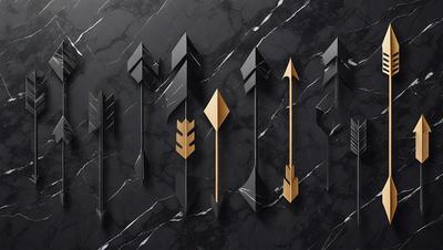 The primary subject of the image is a collection of arrows, which are displayed in various orientations and colors. The setting is a black marble wall, which serves as the backdrop for the arrows. The visual style is a combination of digital art and illustration, as the arrows are depicted in a detailed and artistic manner. The colors and mood of the image are predominantly black and gold, giving it a sleek and sophisticated appearance.