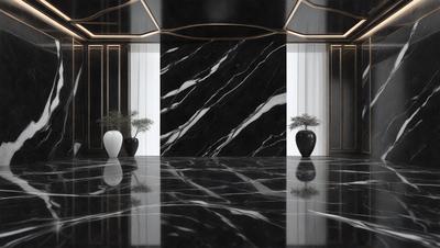 The primary subject of the image is a black marble countertop. The setting is a room with a black marble countertop and a black marble floor. The visual style is a photo, and the colors and mood are dark and sophisticated.