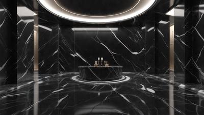 The primary subject of the image is a black marble bathroom counter with a sink and a mirror. The setting is a bathroom, and the visual style is a photo. The counter is the main focus of the image, and the overall atmosphere is elegant and sophisticated.