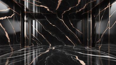 The primary subject of the image is a marble wall with a black and white pattern. The setting is a room with a black and white marble floor. The visual style is a photo, and the colors and mood are predominantly black and white, giving the scene a classic and elegant appearance.