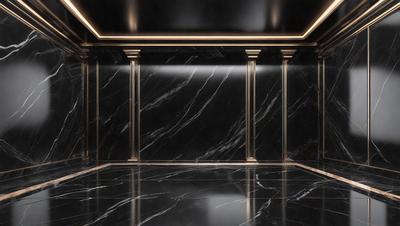The primary subject of the image is a black marble wall with a gold trim. The setting is a room with a black marble floor. The visual style is a photo, and the colors and mood are dark and elegant.