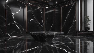 The primary subject of the image is a black marble table with a black marble top. The table is situated in a room with a black marble floor. The setting appears to be a modern, luxurious space with a black marble theme. The visual style of the image is a black and white photo, which adds to the sophisticated and elegant atmosphere of the scene. The colors and mood of the image are predominantly black, which further emphasizes the modern and stylish design of the space.
