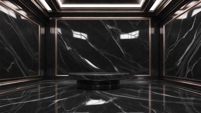 The primary subject of the image is a black marble table, which is the main focus of the scene. The table is placed in a room with a black marble floor, creating a striking contrast. The setting appears to be a modern and sophisticated environment, possibly a living room or a dining area. The visual style of the image is a photo, capturing the details and textures of the marble table and floor. The colors and mood of the image are predominantly black, giving it a sleek and