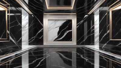 The primary subject of the image is a black and white marble tile floor. The setting is a room with a black and white marble wall, which features a gold frame. The visual style is a photo, and the colors and mood are predominantly black and white, giving the room a classic and elegant appearance.