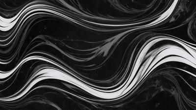 The primary subject of the image is a black and white marble pattern. The setting is a black background, and the visual style is a combination of a photo and digital art. The dominant colors are black and white, and the overall atmosphere is elegant and sophisticated.