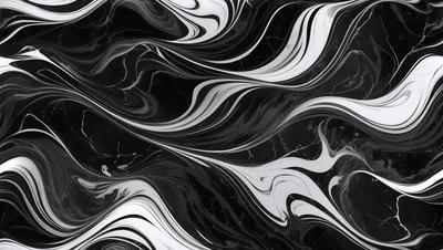The primary subject of the image is a black and white marble pattern. The setting is a black background, and the visual style appears to be a combination of a photo and digital art. The dominant colors are black and white, creating a classic and elegant atmosphere.
