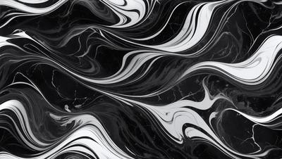 The primary subject of the image is a black and white marble pattern. The setting is a black background, and the visual style appears to be a combination of a photo and digital art. The dominant colors are black and white, creating a classic and elegant atmosphere.