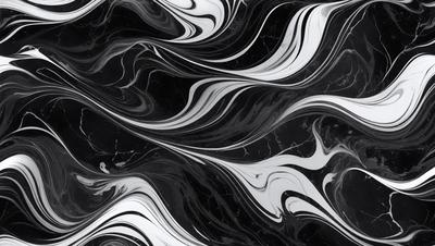 The primary subject of the image is a marble countertop with a black and white pattern. The setting is a kitchen, and the visual style is a close-up of the countertop. The colors and mood of the image are predominantly black and white, giving it a classic and elegant appearance.