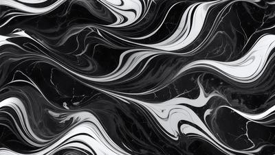 The primary subject of the image is a black and white marble pattern. The setting is a black background, and the visual style appears to be a combination of a photo and digital art. The dominant colors are black and white, creating a classic and elegant atmosphere.