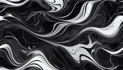 The primary subject of the image is a black and white marble pattern. The setting is a black background, and the visual style appears to be a combination of a photo and digital art. The dominant colors are black and white, creating a classic and elegant atmosphere.