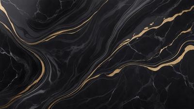 The primary subject of the image is a marble countertop with a gold design. The setting is a kitchen, and the visual style is a combination of photo and digital art. The countertop has a black and gold color scheme, giving it a luxurious and elegant appearance.
