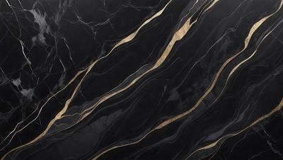 The primary subject of the image is a marble countertop with a gold-colored pattern. The setting is a kitchen, and the visual style is a close-up of the marble countertop. The colors and mood of the image are predominantly black and gold, giving it a luxurious and elegant appearance.