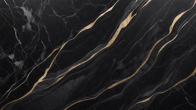 The primary subject of the image is a marble countertop with a gold-colored pattern. The setting is a kitchen, and the visual style is a close-up of the marble countertop. The colors and mood of the image are predominantly black and gold, giving it a luxurious and elegant appearance.