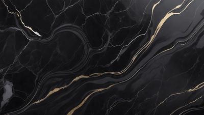 The primary subject of the image is a close-up of a marble countertop with a gold stripe. The setting is a kitchen, and the visual style is a photo. The dominant colors are black and gold, creating a luxurious and elegant atmosphere.