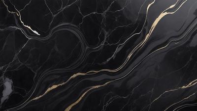 The primary subject of the image is a marble countertop with a gold stripe. The setting is a kitchen, and the visual style is a close-up of the marble countertop. The dominant colors are black and gold, creating a luxurious and elegant atmosphere.