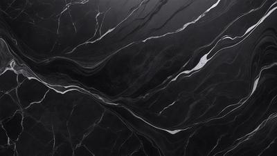 The primary subject of the image is a black marble countertop with a patterned design. The setting is a kitchen, and the visual style is a close-up of the marble countertop. The colors and mood of the image are predominantly dark, with the black marble and the patterned design creating a sophisticated and elegant atmosphere.