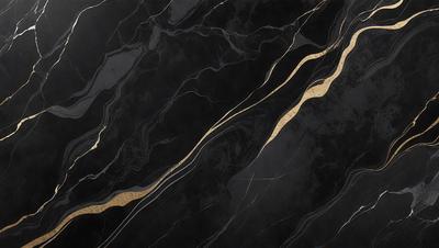 The primary subject of the image is a marble countertop with a gold stripe. The setting is a kitchen, and the visual style is a photo. The countertop has a black and gold color scheme, giving it a luxurious and elegant appearance.
