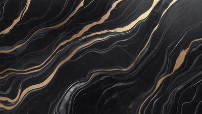 The primary subject of the image is a marble countertop with a black and gold pattern. The setting is a kitchen, and the visual style is a close-up of the countertop. The dominant colors are black and gold, creating a luxurious and elegant atmosphere.