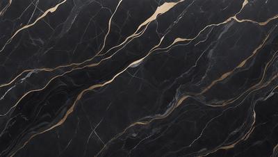 The primary subject of the image is a black marble countertop with gold veins running through it. The setting is a kitchen, and the visual style is a close-up of the marble countertop. The colors and mood of the image are predominantly black and gold, giving it a luxurious and elegant appearance.