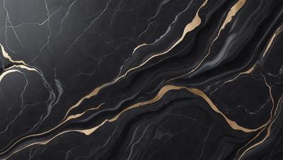 The primary subject of the image is a marble countertop with a gold-colored design. The setting is a kitchen, and the visual style is a close-up of the countertop. The colors and mood of the image are predominantly black and gold, giving it a luxurious and elegant appearance.
