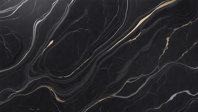 The primary subject of the image is a black and gold marble countertop. The setting is a kitchen, with the countertop being the main focus of the scene. The visual style is a close-up of the marble countertop, showcasing its intricate patterns and textures. The dominant colors are black and gold, creating a luxurious and elegant atmosphere.