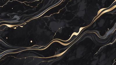 The primary subject of the image is a marble countertop with a gold and black pattern. The setting is a kitchen, and the visual style is a combination of photo and digital art. The dominant colors are gold and black, creating a luxurious and elegant atmosphere.