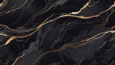 The primary subject of the image is a marble countertop with a gold-colored design. The setting is a kitchen, and the visual style is a close-up of the marble countertop. The colors and mood of the image are predominantly black and gold, giving it a luxurious and elegant appearance.