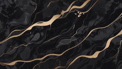 The primary subject of the image is a black and gold marble-like surface. The setting is a dark background, which contrasts with the gold and black marble. The visual style is a combination of a photo and digital art, creating a unique and intricate pattern. The colors and mood of the image are predominantly dark, with the gold and black marble adding a touch of elegance and sophistication.