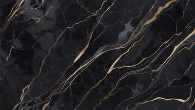 The primary subject of the image is a black and gold marble countertop. The setting is a kitchen, with the countertop being the main focus of the scene. The visual style is a close-up of the marble countertop, showcasing its intricate patterns and textures. The dominant colors are black and gold, creating a luxurious and elegant atmosphere.