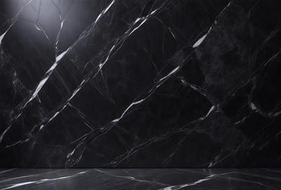 The primary subject of the image is a black marble wall with a patterned design. The setting is a room with a black background, and the visual style is a close-up of the marble wall. The colors and mood of the image are dark and dramatic, with the black marble wall serving as the focal point.