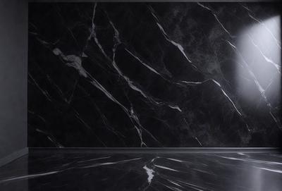 The primary subject of the image is a marble wall with a black background. The setting is a room with a black marble floor. The visual style is a photo of a marble wall, showcasing the intricate patterns and textures of the marble. The colors and mood of the image are predominantly black and white, giving it a sophisticated and elegant appearance.
