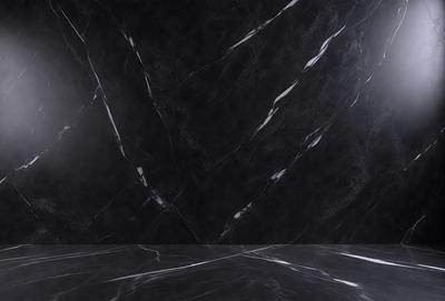 The primary subject of the image is a black marble wall with a patterned texture. The setting is a room with a black marble floor, and the visual style is a close-up of the wall. The colors and mood of the image are dark and moody, with the black marble creating a dramatic and sophisticated atmosphere.
