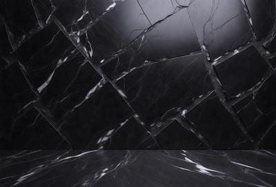 The primary subject of the image is a marble wall with a black background. The setting is a room with a black marble wall, and the visual style is a photo. The colors and mood of the image are predominantly black and white, giving it a classic and elegant appearance.