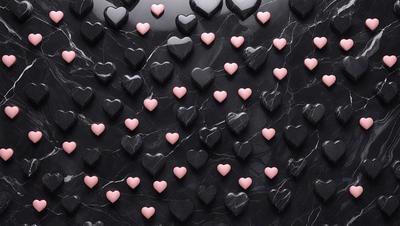The primary subject of the image is a collection of hearts, which are displayed on a black marble surface. The hearts are arranged in various positions, creating a visually appealing pattern. The setting is a black marble countertop, and the visual style is a combination of digital art and illustration. The dominant colors in the image are black and pink, giving the scene a bold and striking appearance.