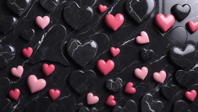 The primary subject of the image is a collection of pink and black heart-shaped decorations. These heart-shaped decorations are arranged on a black marble surface, creating a visually striking contrast between the pink hearts and the dark background. The visual style of the image is a close-up of the heart-shaped decorations, showcasing their intricate details and textures. The colors and mood of the image are predominantly pink and black, giving the scene a bold and elegant appearance.