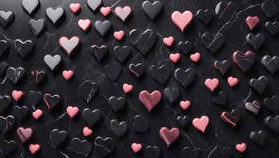 The primary subject of the image is a collection of black and pink hearts arranged on a black background. The hearts are made of marble and are placed in various positions, creating a visually appealing pattern. The setting is a black marble surface, which contrasts with the vibrant colors of the hearts. The visual style is a combination of artistic and digital elements, resulting in a unique and eye-catching design. The overall atmosphere is one of creativity and elegance, with the black and pink hearts serving as